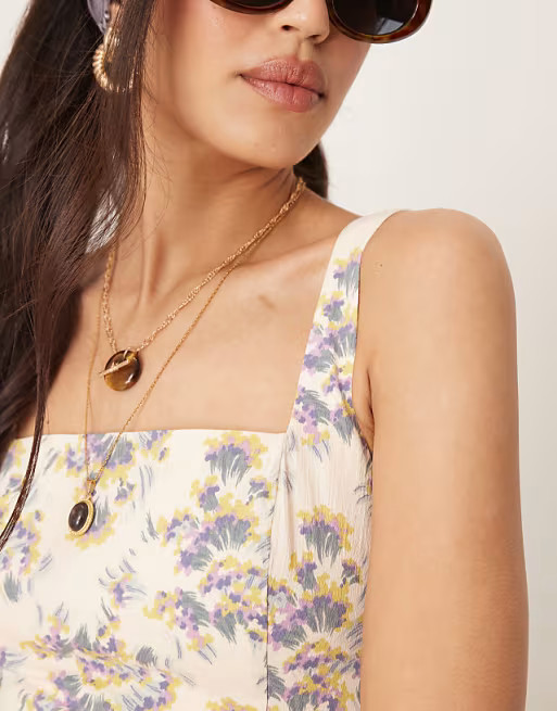 Abercrombie & Fitch sleeveless flare mini dress in beige floral | ASOS (Global)