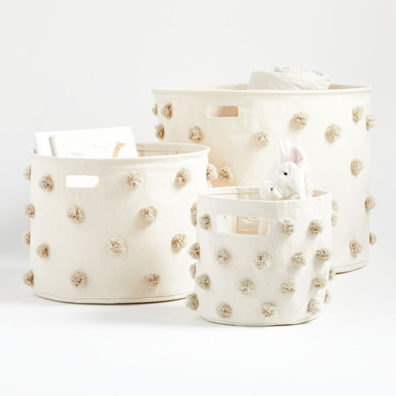 Pehr Pom Pom Soft Collapsible Drum Bins with Handles | Crate & Kids | Crate & Barrel