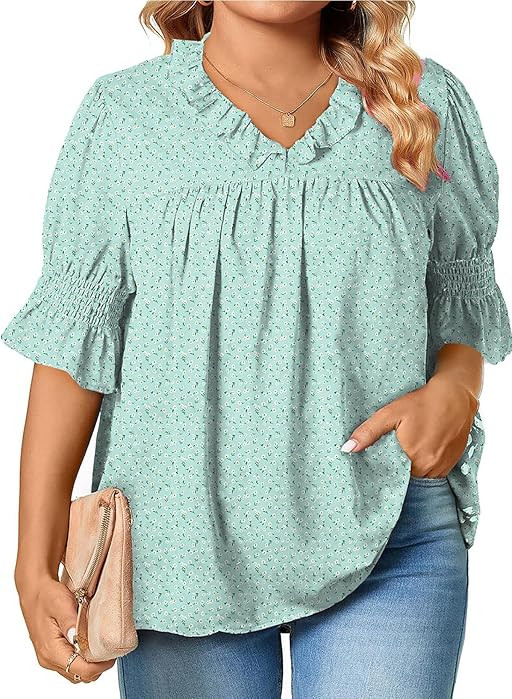Eytino Plus Size Tops for Women Summer V Neck Short Sleeve Boho Floral Printed Flowy Chiffon Shir... | Amazon (US)