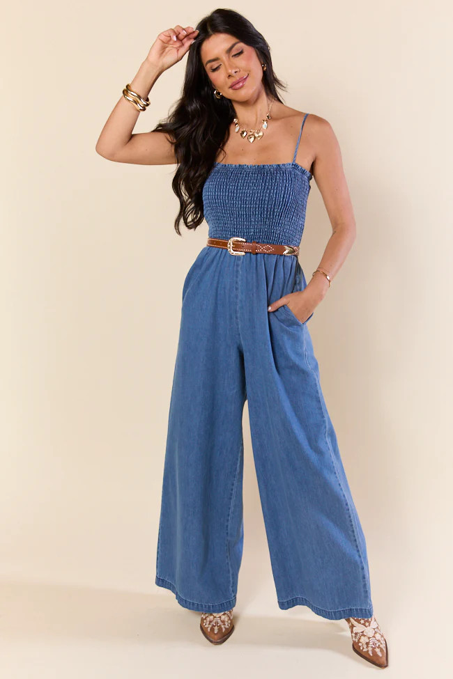 Showstopper Denim Smocked Jumpsuit | Pink Lily