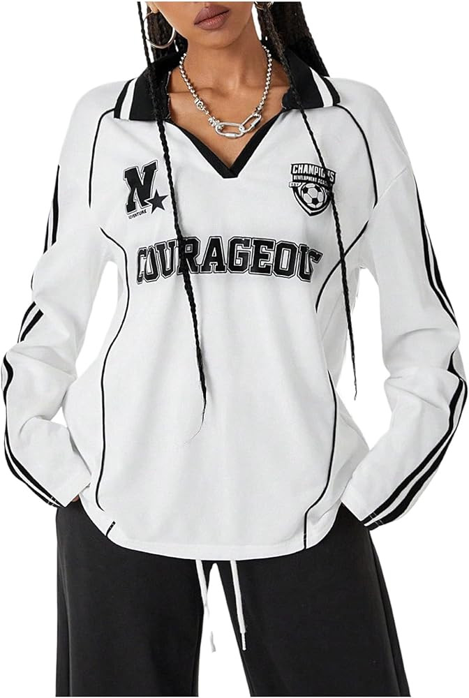 SweatyRocks Women's Oversized Jersey Shirts Letter Graphic Long Sleeve Tee Shirt Y2K Tops Streetw... | Amazon (US)