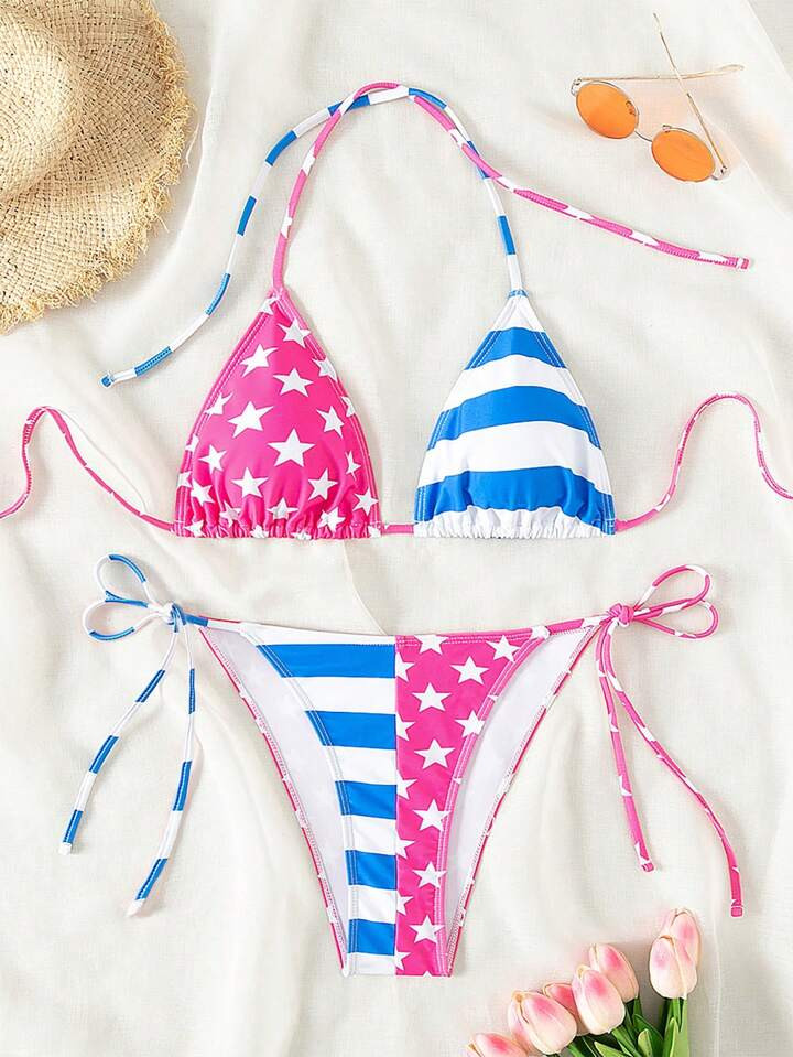 Summer Beach Star And Stripe Print Halter Neck Bikini Set, Two Piece Swimsuit, 4th Of July | SHEIN