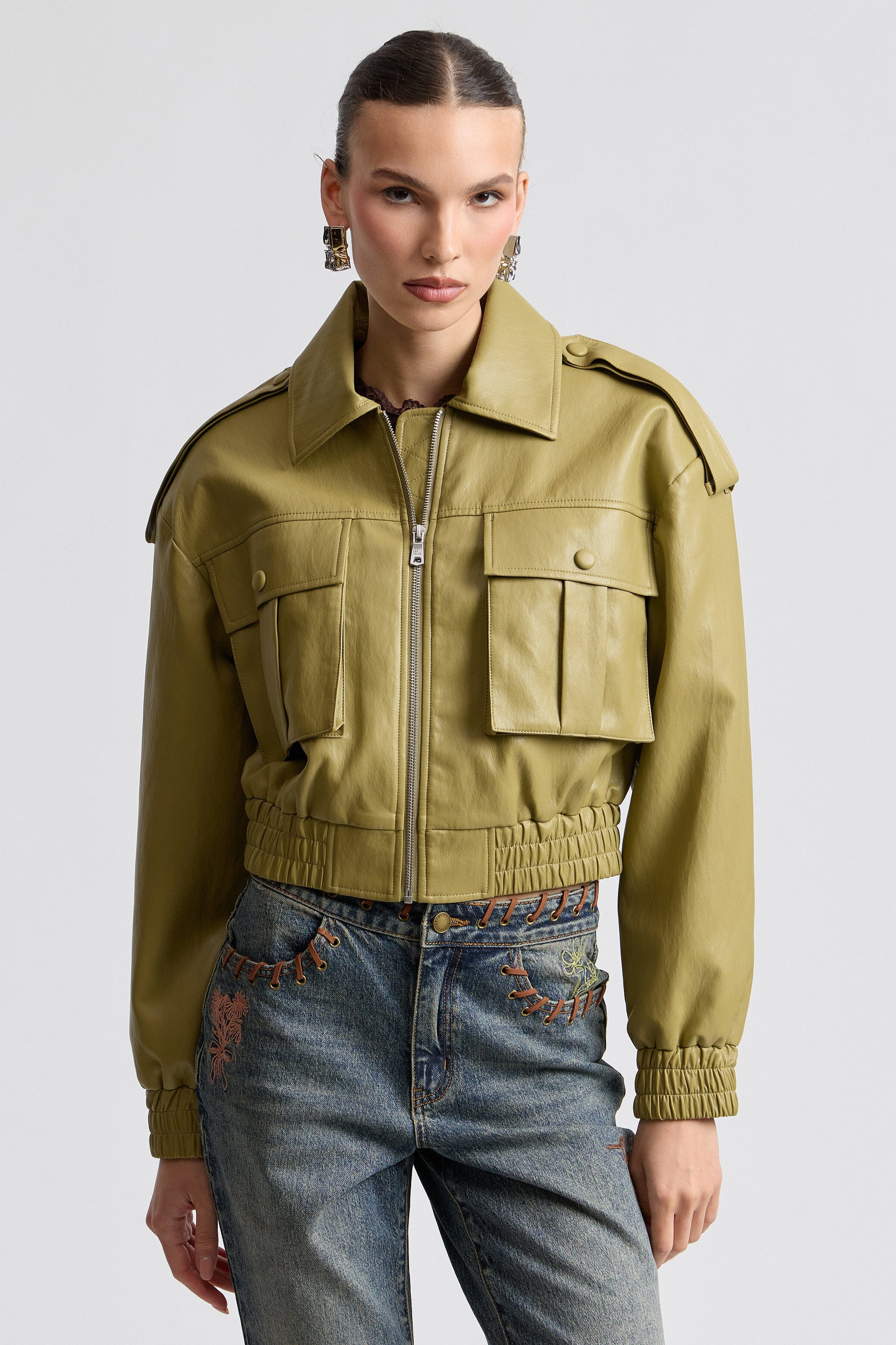 Oversized Strong Shoulder Faux Leather Bomber Jacket | Avec Les Filles