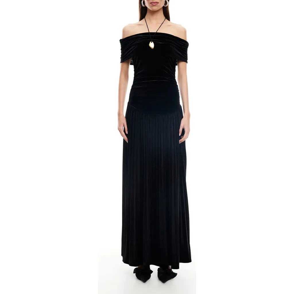 LIONESS Field of Dreams Off the Shoulder Velvet Maxi Dress in Noir at Nordstrom, Size X-Small | Nordstrom