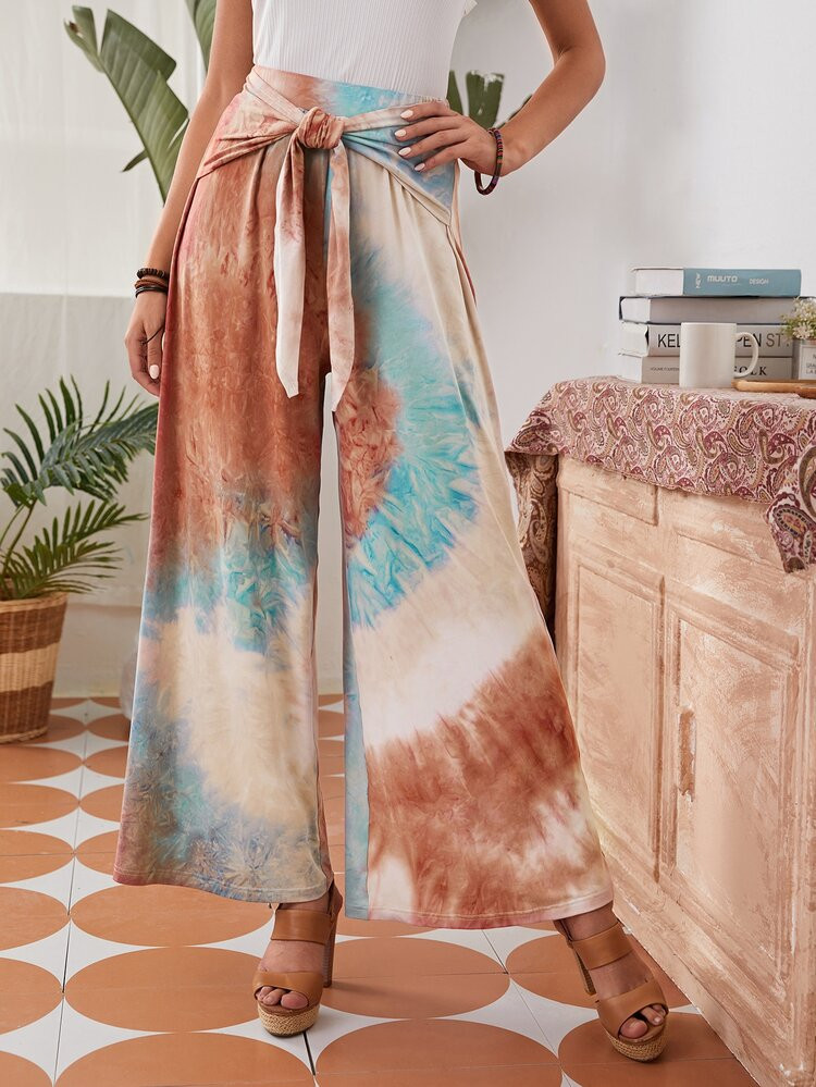 EMERY ROSE Tie Waist Wide Leg Tie Dye Pants | SHEIN