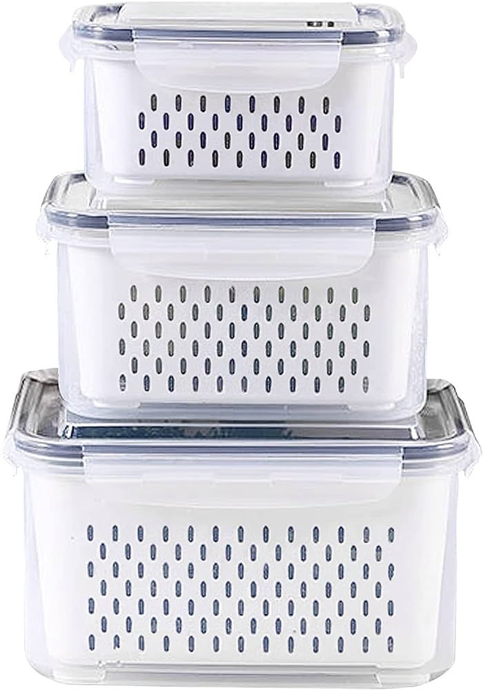3Pack Fridge Food Storage Container Set with Lids with Strainer,Plastic Fresh Produce Saver Veget... | Amazon (US)