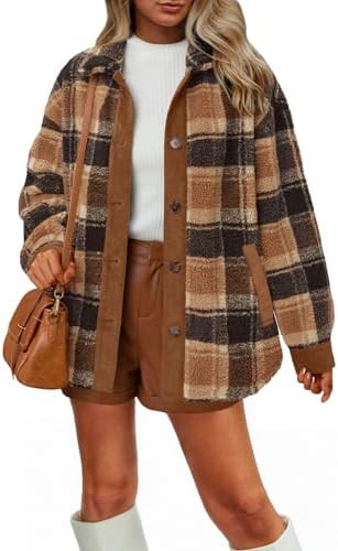 LILLUSORY Flannel Sherpa Jackets for Women Fleece Shackets Plaid Button Down Jacket Winter Coats | Amazon (US)