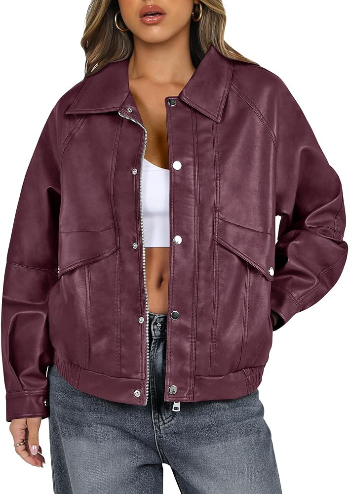 ANRABESS Women Faux Leather Jacket Long Sleeve Button Down Zip Up Motorcycle Biker Coat Fall Outf... | Amazon (US)