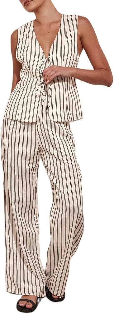 Juakoso Women 2 Piece Tie Front Pants Set Y2k V Neck Sleeveless Vest High Waist Wide Leg Pants St... | Amazon (US)