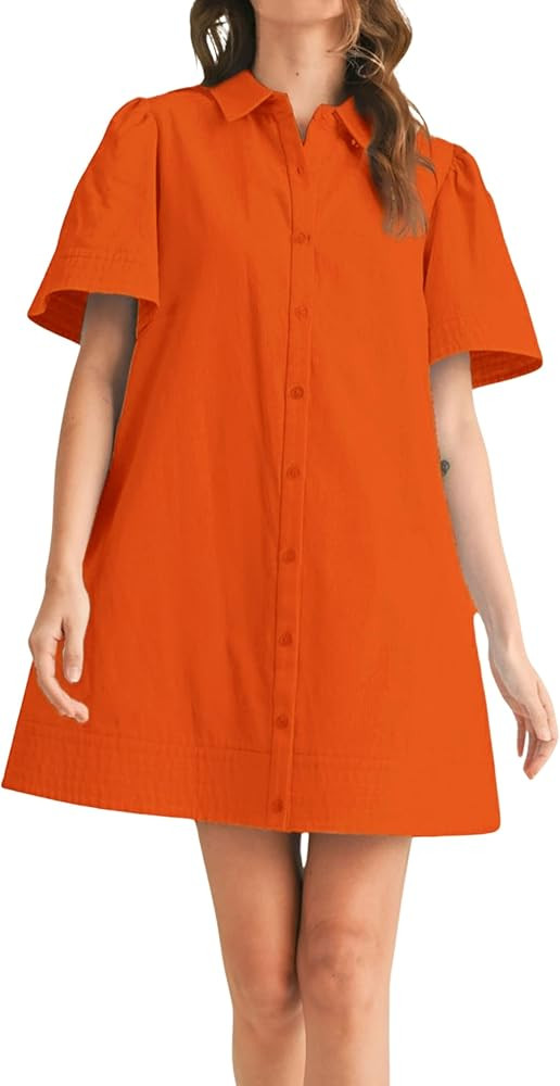 Womens Short Sleeve Button Down Mini Shirt Dress Lapel Collar Short Dresses with Pocket | Amazon (US)