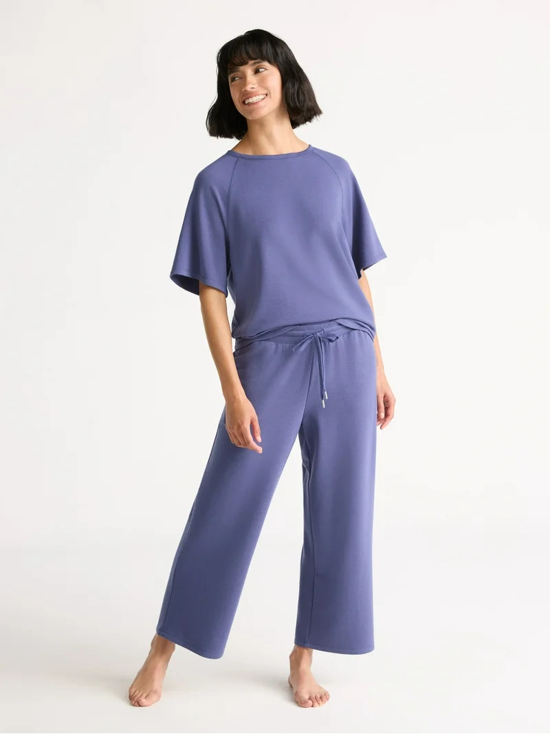 Joyspun Women's French Terry Short Sleeve Top and Capri Pants Pajama Set, 2-Piece, Sizes XS-3X | Walmart (US)