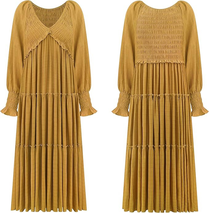 R.Vivimos Maxi Dress for Women Long Sleeve V Neck Empire Waist Layered Ruffle Boho Casual Flowy L... | Amazon (US)