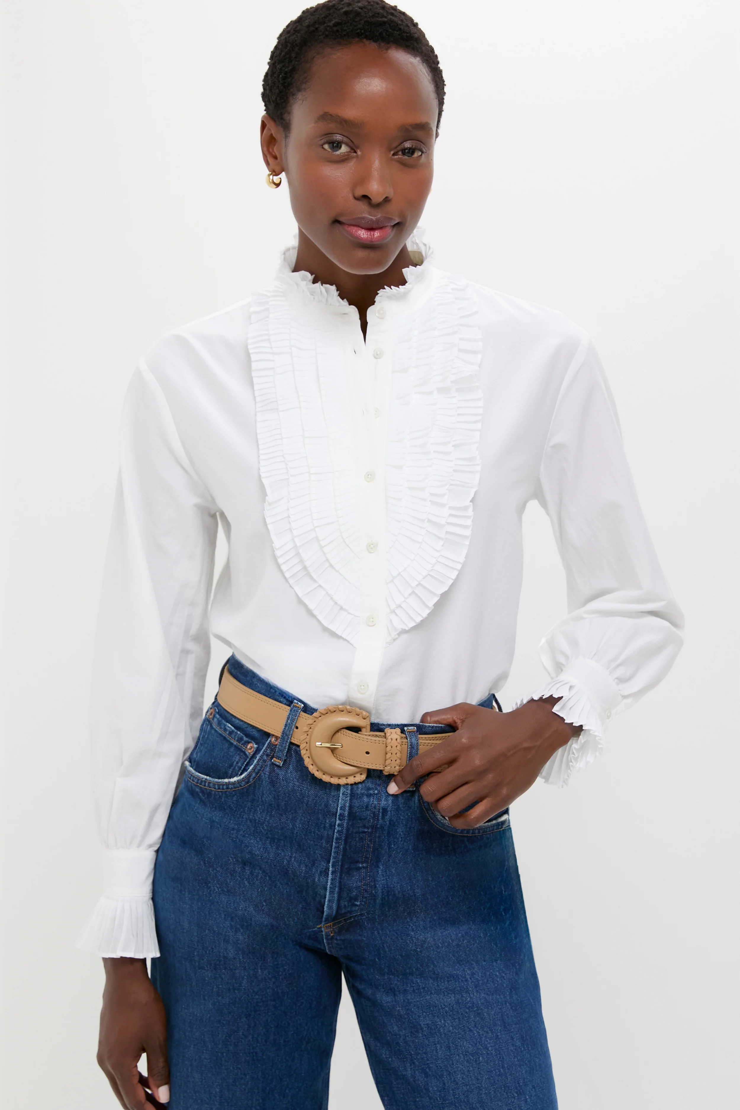 White Long Sleeve Band Collar Blouse | Tuckernuck (US)