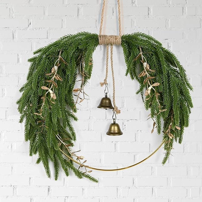 Artificial Norfolk Pine Christmas Wreath with Bell, 17.3 * 12 Inch Farmhouse Christmas Wreath for... | Amazon (US)