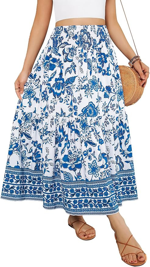 YHYJMY Women's Boho Skirt Elastic High Waist Pleated A-Line Flared Maxi Skirts Womens Flowy Long ... | Amazon (US)