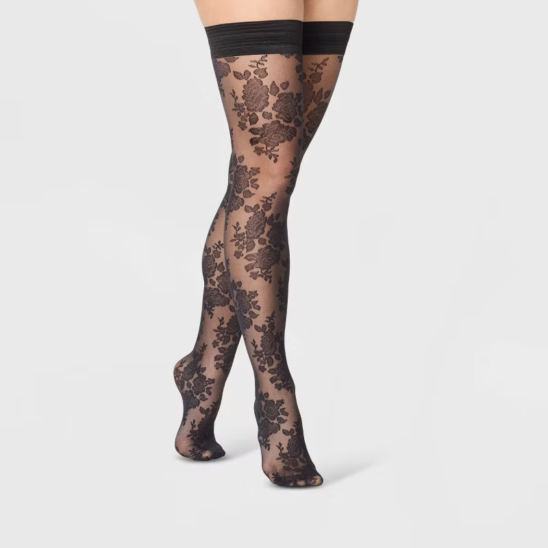 Women's Sheer Rose Thigh Highs - A New Day™ Black | Target