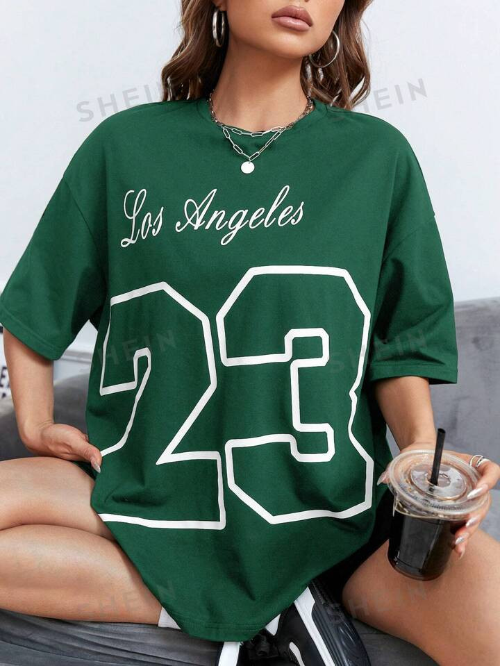 SHEIN EZwear Letter Graphic Drop Shoulder Tee | SHEIN