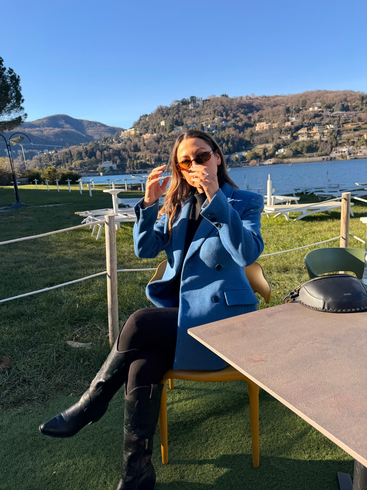 Lake Como Lunch Outfit - Avec Les Filles Blue Double Breasted Coat ON SALE + Commando Spanx Leggings + Amazon Knee High Cowboy Boots + Le Specs Tortoise Sunglasses + Isabel Marant Black Studded Bum Bag Leather Fanny Pack - Travel Outfit / Cold Weather / Jacket / Layering Outerwear / Handbag / Designer Accessories / OOTD / Date Night Outfit

#LTKootd #LTKSaleAlert #LTKWorkwear