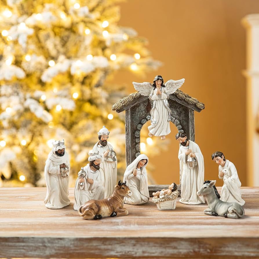 Glitzhome 11Pcs Ivory Resin Nativity Figurines Set for Christmas Indoor Holy Family with Angel Na... | Amazon (US)