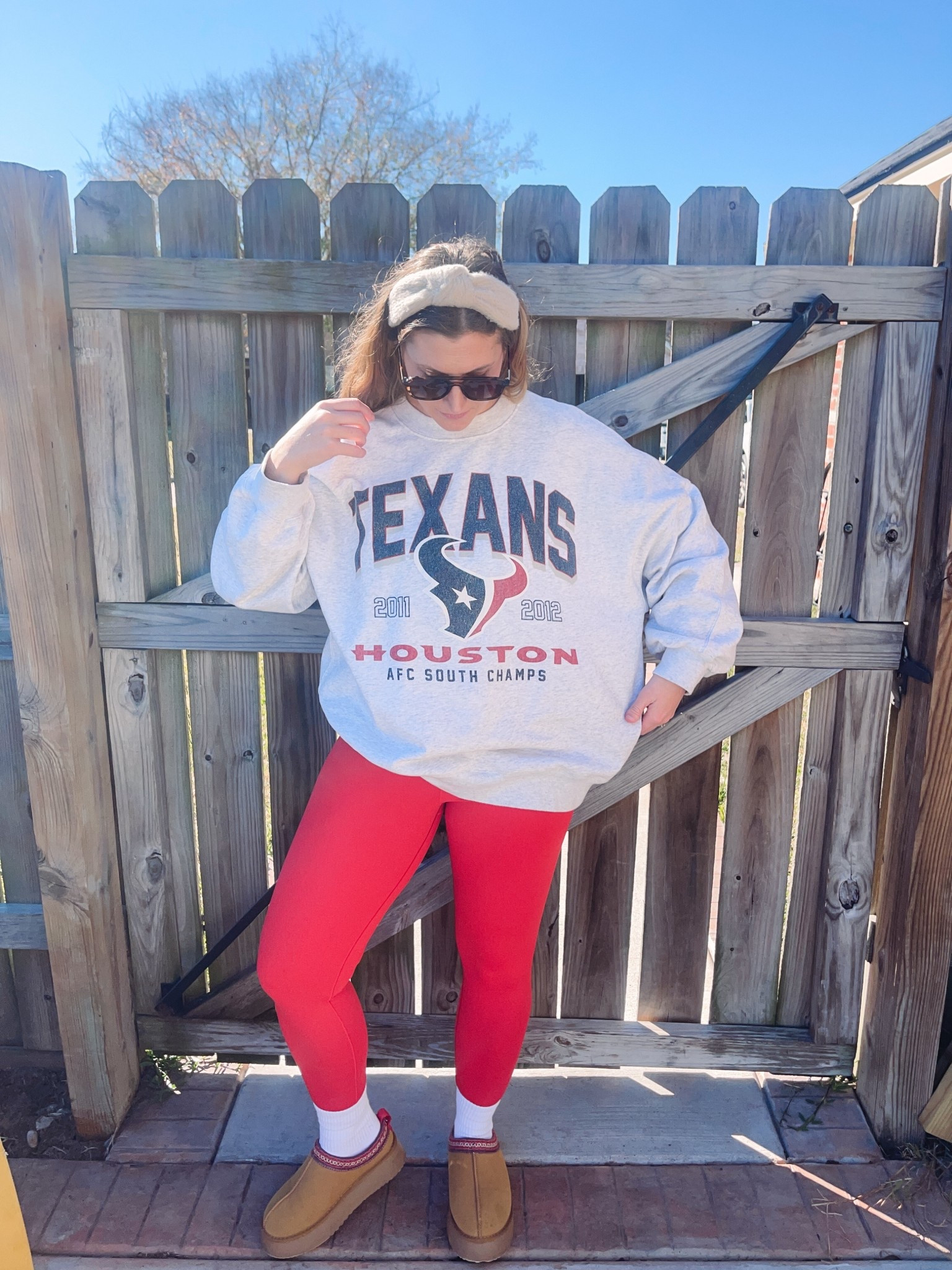 Sunday ootd • game day fit • Sunday funday • oversized sweatshirt • aerie leggings • red leggings • look for less • 

Large in sweatshirt to be oversized 

#LTKmomlife #LTKMidsize #LTKootd