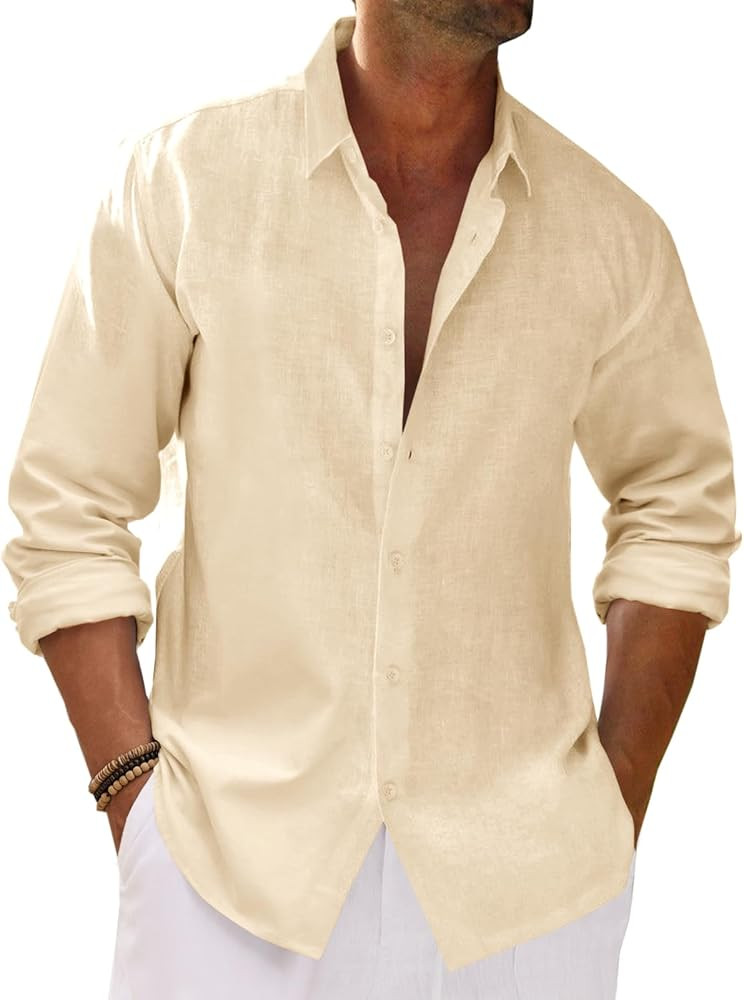 Runcati Mens Button Down Shirt Cotton Linen Casual Long Sleeve Shirts Collared Hippie Beach Tops | Amazon (US)
