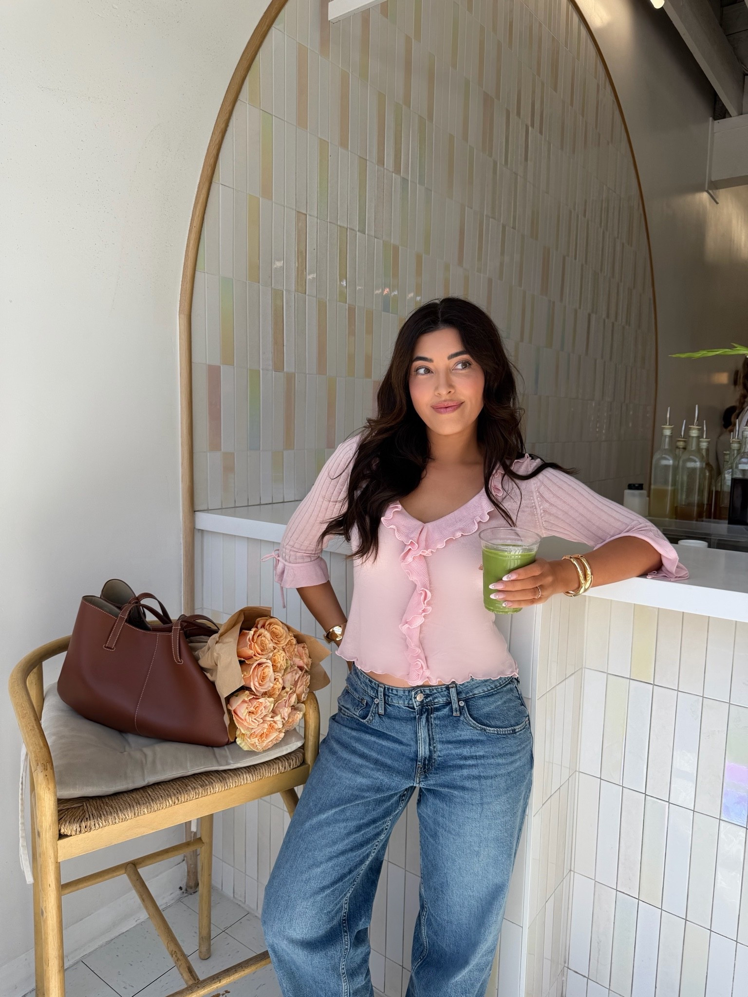 Pink with Jean ruffle top, brown polene tote bag and Gap low rise 90s jeans in the best color!!

#LTKdayinmylife #LTKgrwm #LTKootd