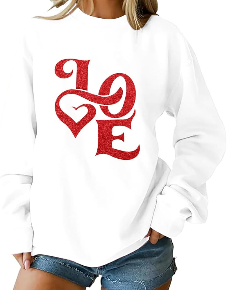 Valentines Sweatshirt for Women Glitter Love Graphic Shirts Casual Valentines Long Sleeve Pullove... | Amazon (US)