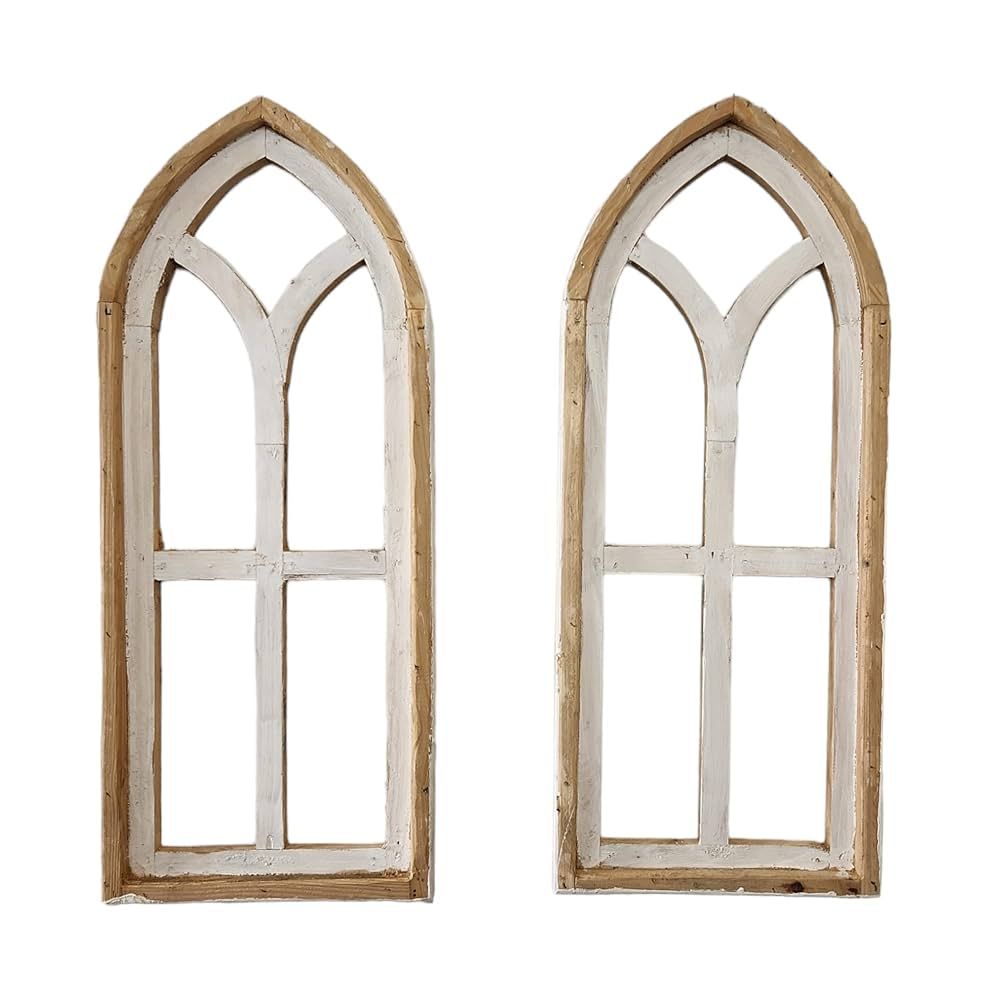 Farmhouse Wooden Wall Windows - 29" Small Ivory Point Arches Set of 2 - Rustic Cathedral Wood Win... | Amazon (US)