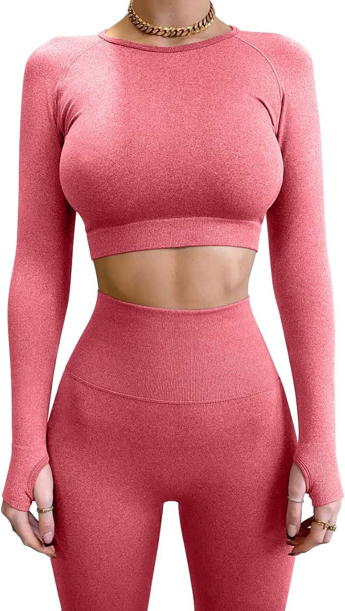 OYS Women's Workout 2 Piece Outfits Seamless High Waist Yoga Leggings Running Sports Long sleeve ... | Amazon (US)