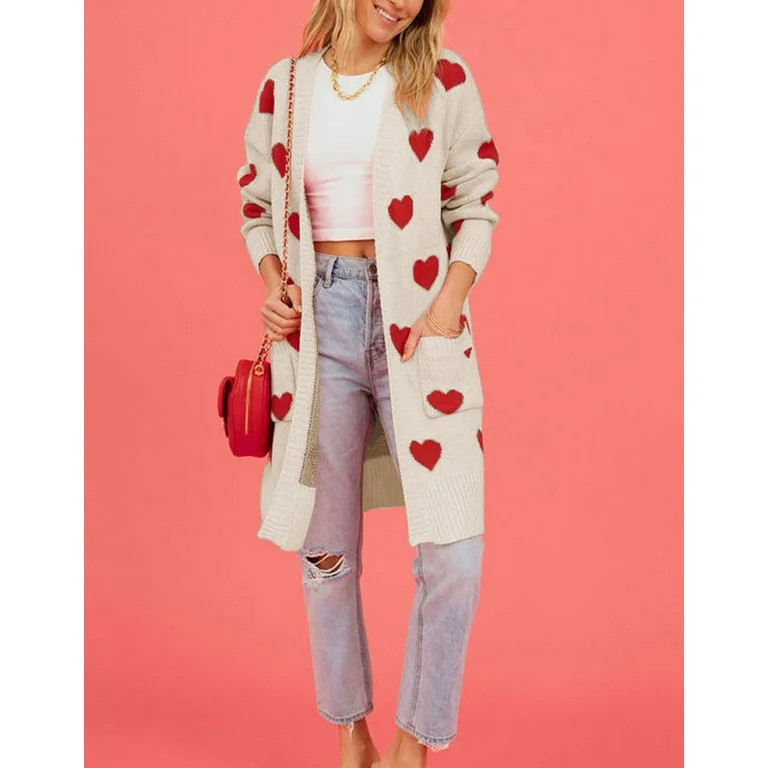 Women's Cardigan Sweater Valentine's Day Cute Heart Sweater Open Front Kimono Cardigan Soft Knit ... | Walmart (US)