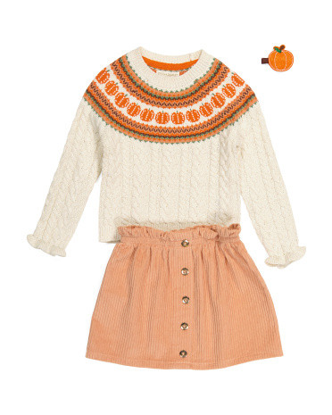 Girls Pumpkin Sweater Skirt Set With Hair Clips | TJ Maxx