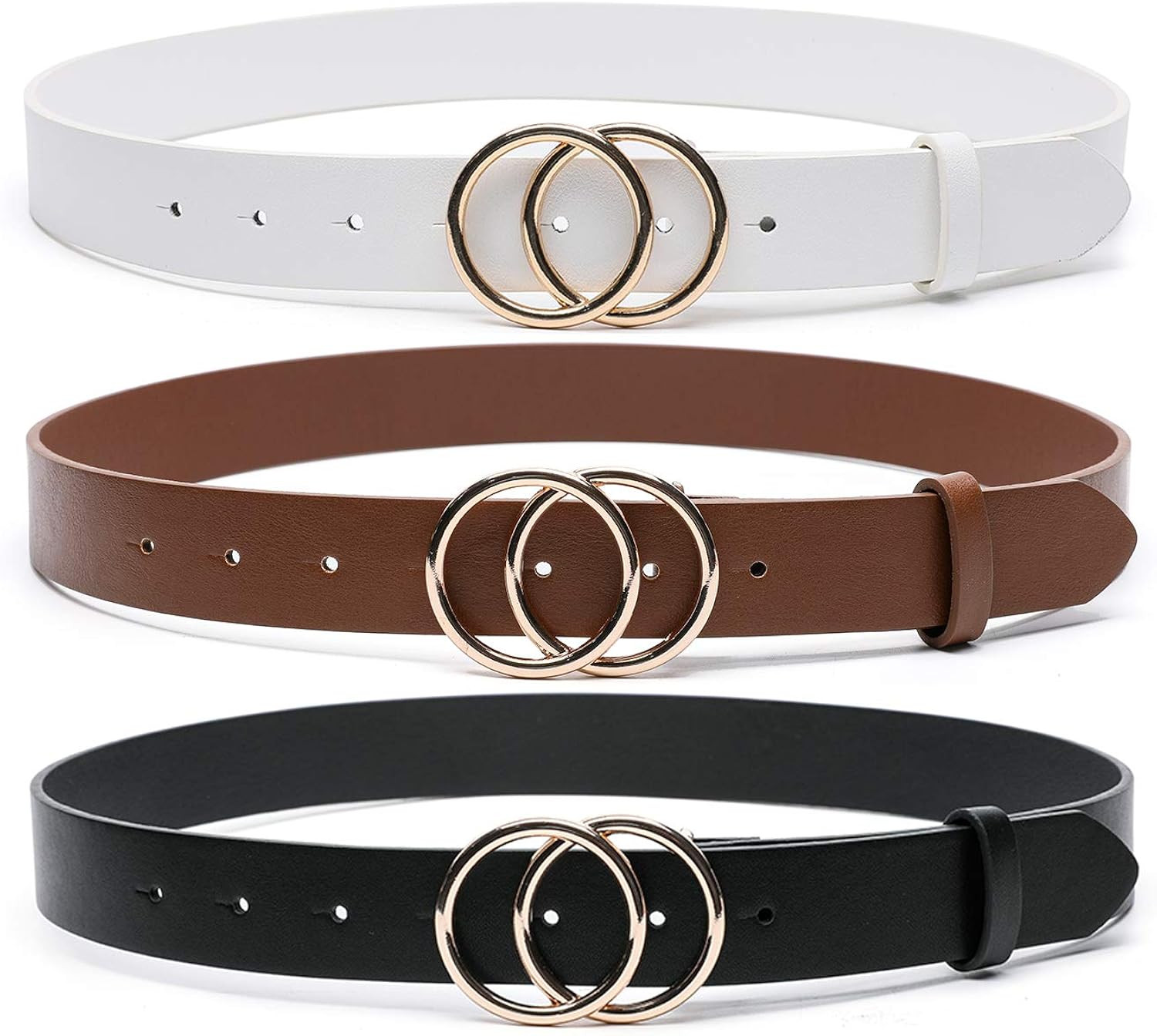 MORELESS 3 Pack Women's Faux Leather Belts for Jeans Dress Pants, Fashion Waist Belts with Double O- | Amazon (US)