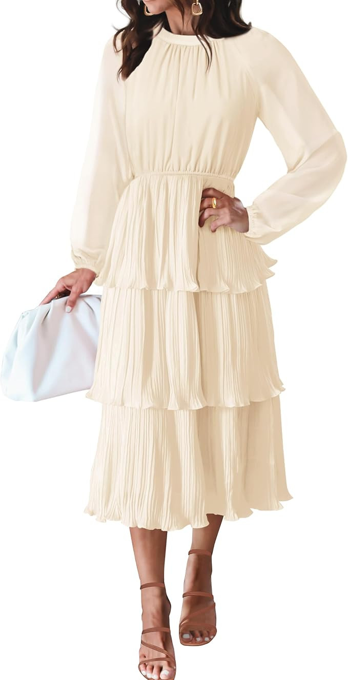 ZESICA Women's 2023 Long Sleeve Crew Neck Ruffle Tiered Layered Chiffon Flowy Swing Long Midi Dre... | Amazon (US)