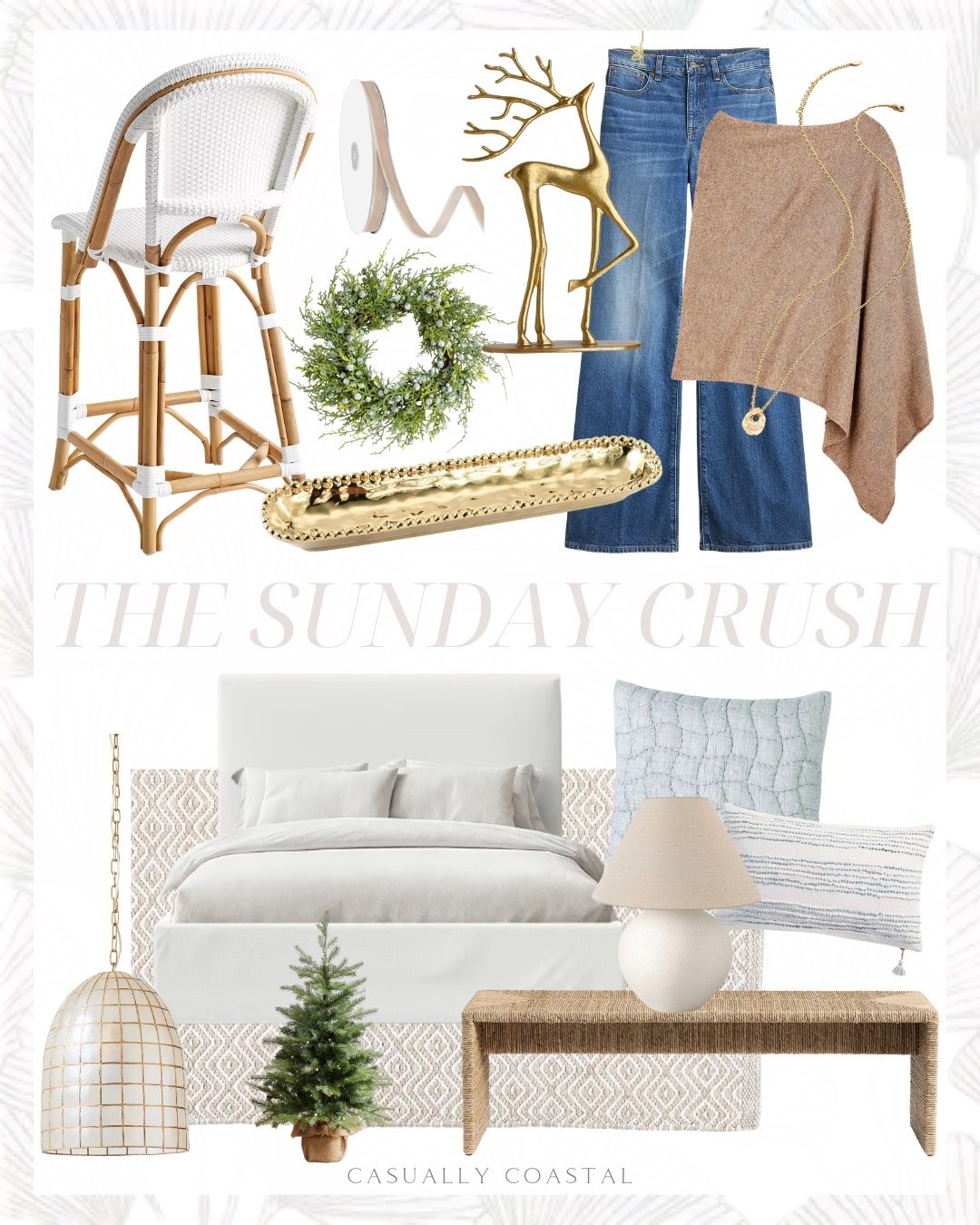 This week’s Sunday Crush! Many of these pieces are on SALE including the rug, pillow covers, bench, pendant light, jeans & more!
—--
Coastal home decor, coastal rug, coastal pendant light, coastal wreath, coastal dining chair, coastal bench, coastal pillow cover, linen slipcover bed, quince bed,  coastal bed, reindeer decor, Amazon Christmas decor, porcelain charcuterie tray, serving tray, cream lamp, Amazon table lamp, pottery barn bench, cashmere wool blend poncho, denim trouser jean, dark wash jeans, pendant necklace, juniper cedar and berry wreath, Amazon wreath, Serena & lily rattan bar and counter stools, velvet ribbon, Serena & lily rug, neutral rug, rug on sale, cloud quilted sham, pottery barn sham, tiled pendant, 3 foot Nordic spruce tree 

#LTKSaleAlert #LTKHome #LTKHoliday