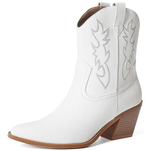 Mostrin White Cowgirl Boots for Women Embroidered Cowboy Boots Pointed Toe Ankle Boots Chunky Western Boots Pull-on Mid Calf Booties Size 11 | Amazon (US)