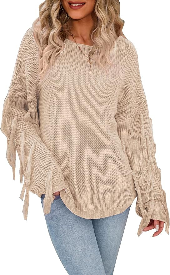 Flygo Fringe Sweaters for Women Long Sleeve Crewneck Loose Knit Pullover Jumper Tops | Amazon (US)