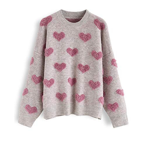 CHICWISH Women's Comfy Casual Pink Fuzzy Hearts Knit Sweater Pullover Sweatershirt | Amazon (US)
