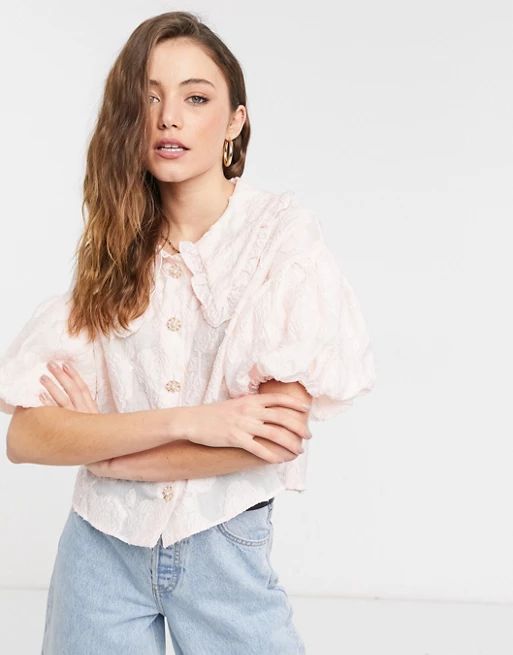 Sister Jane pink jacquard blouse with bib collar and embellished buttons | ASOS (Global)