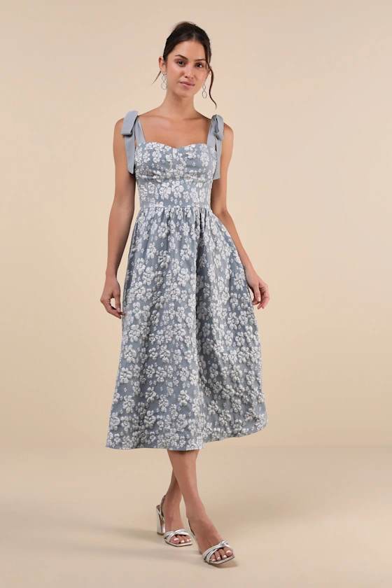 Bubbly Bliss Slate Blue Jacquard Bustier Tie-Strap Midi Dress | Lulus