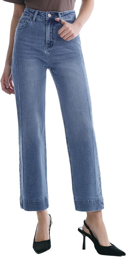 Women’s Straight Leg Jeans High Waisted Cropped Trendy Jeans Wide Leg Zipper Denim Pants | Amazon (US)