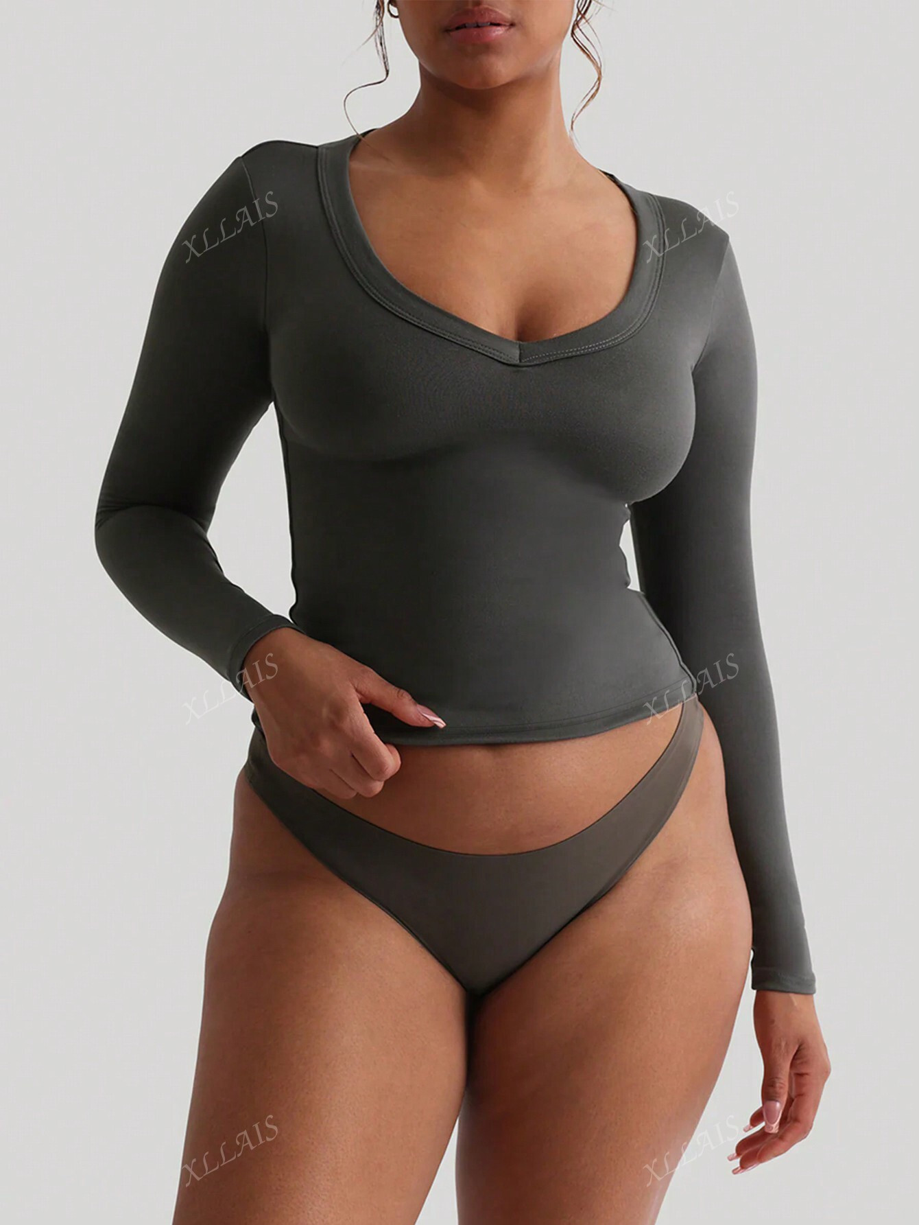 Women's T Shirt Sexy V Neck Stretch Grey Soft Casual Long Sleeve Top | SHEIN