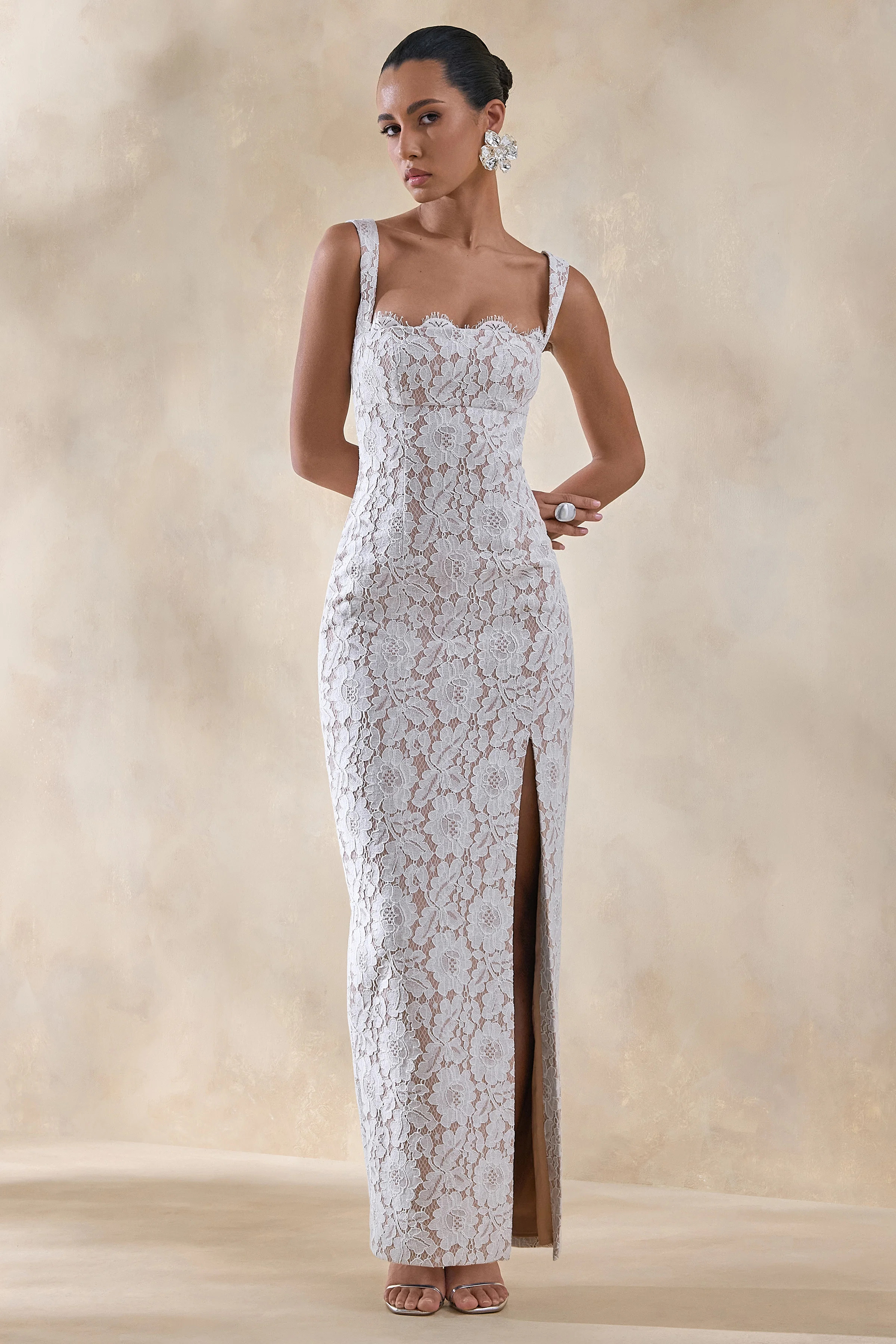 Zarisse | White Lace Square-Neck Maxi Dress | Club L London