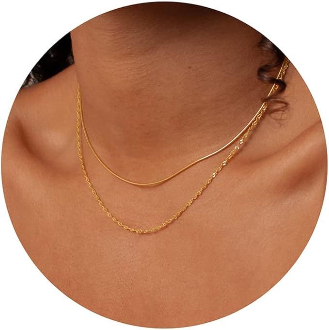 Amazon.com: Tewiky Choker Necklace for Women, 14k Gold Plated Layered Twisted Herringbone Necklac... | Amazon (US)