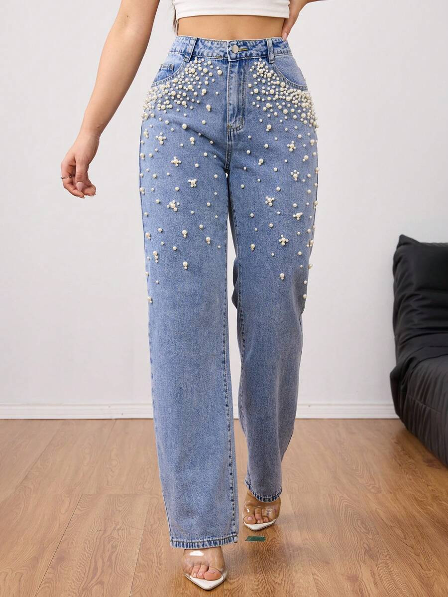 Elegant Heavy Pearl Embellished Washed Straight Leg Jeans – Luxurious & Stylish Women's Denim P... | SHEIN