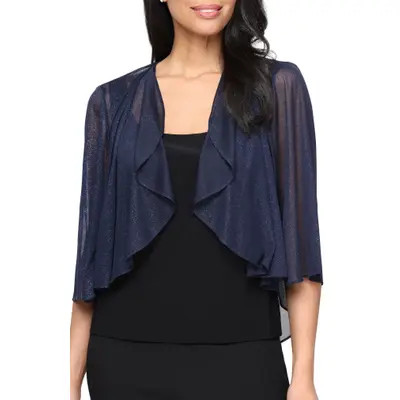 Alex Evenings Three-Quarter Sleeve Glitter Mesh Cover-Up Jacket in Black at Nordstrom, Size Large | Nordstrom