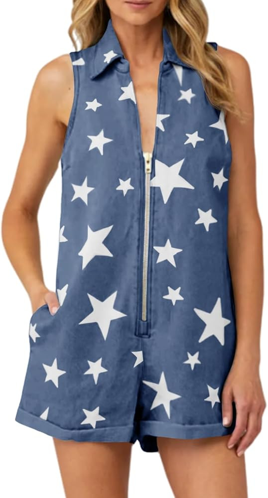 PLNOTME Womens Summer Denim Rompers Cute Sleeveless Zip Up Star Print Short Jumpsuits | Amazon (US)