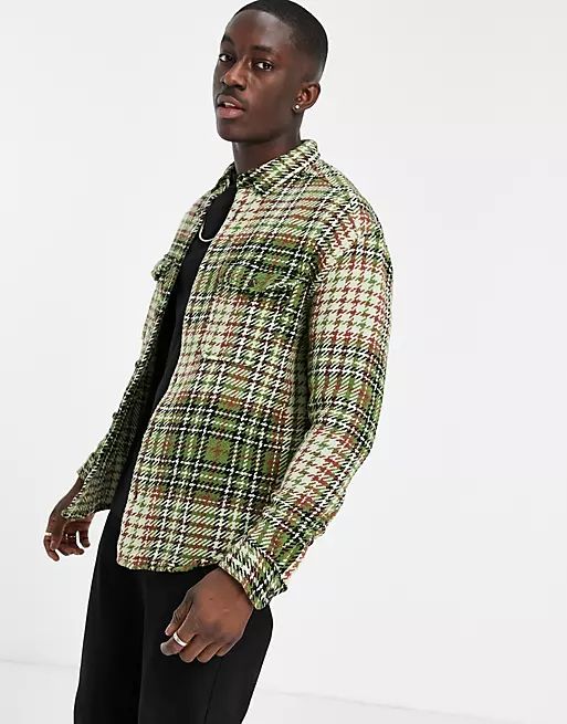 ASOS DESIGN 90s oversized textured check in green with chest pockets | ASOS (Global)