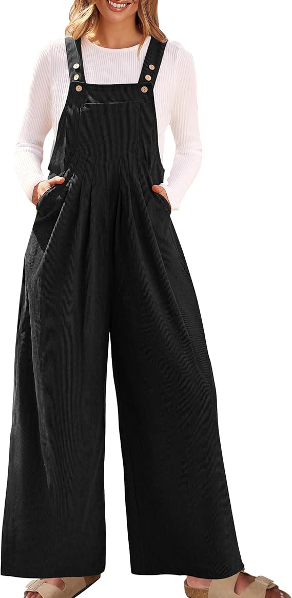 ZESICA Women's Casual Overalls Jumpsuits Loose Corduroy Bib Adjustable Straps Wide Leg Long Pant ... | Amazon (US)