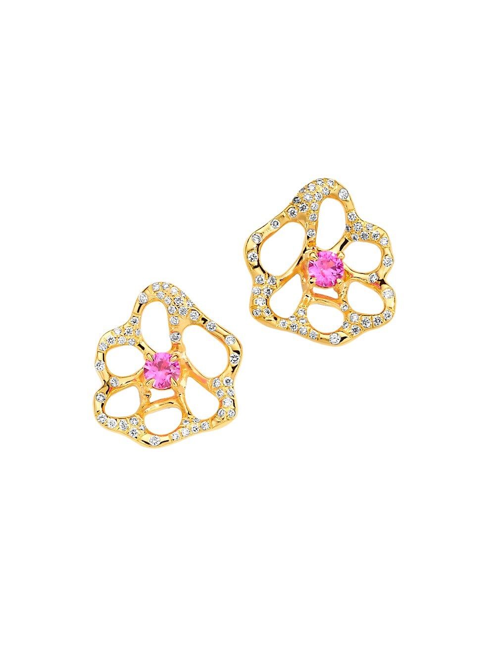 Stardust Drizzle Flora Small 18K Yellow Gold, Pink Sapphires & 0.30 Diamond Stud Earrings | Saks Fifth Avenue