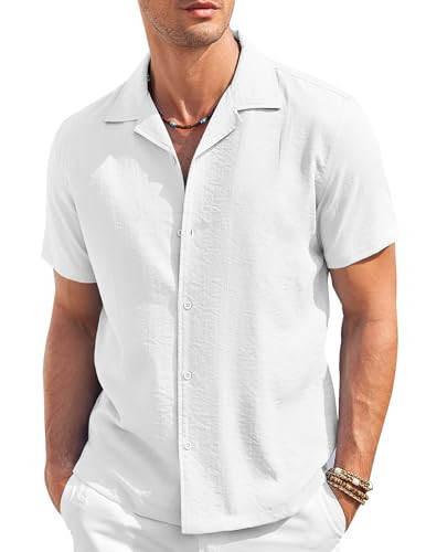 COOFANDY Mens Textured Shirt Button Up Short Sleeve Beach Shirts Lightweight Linen Shirt White | Amazon (US)